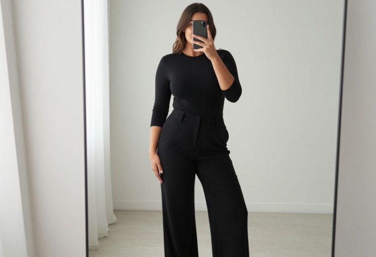 Plus-size woman in black fitted top and wide-leg pants taking a mirror selfie, showcasing a chic and polished all-black outfit.