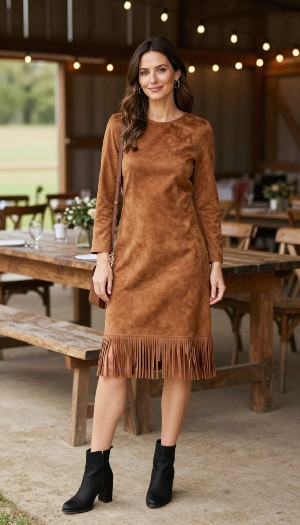 Woman in fringe-trimmed suede dress and block heels at outdoor wedding reception