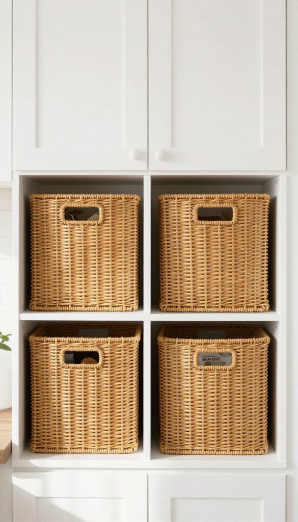 Cozy kitchen upper cabinets with woven basket bins for hidden storage, natural light, clean and organized look.