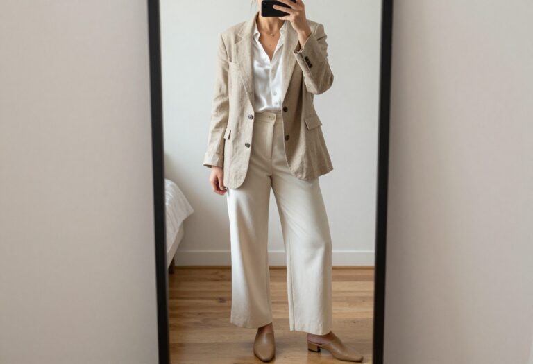 Woman in beige linen blazer and wide-leg trousers taking a mirror selfie in a bright bedroom