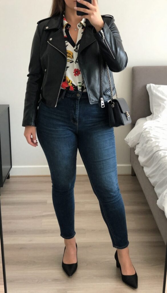 Plus-size woman in printed blouse, dark denim, and structured jacket, standing in mirror selfie pose