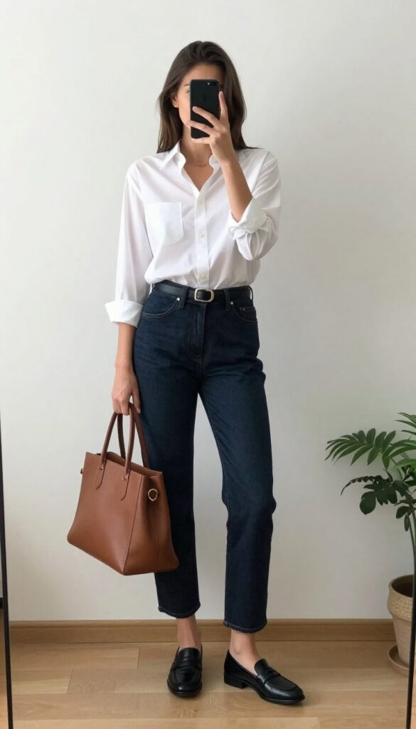 A woman in a white button-down shirt and dark-wash straight-leg jeans takes a mirror selfie, wearing black loafers and a brown tote bag, in a bright, minimalist room.