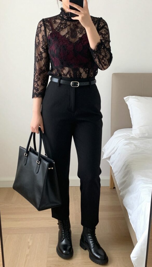 Model in black lace blouse and high-waist trousers with combat boots