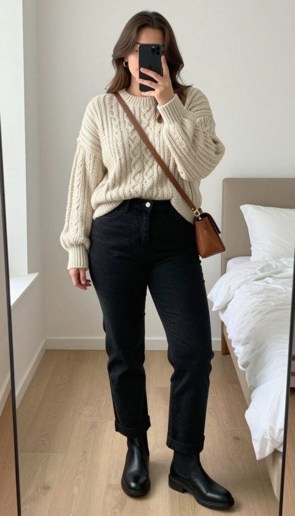 Woman in cream chunky sweater, black jeans, and black Chelsea boots, taking a mirror selfie in a bedroom.