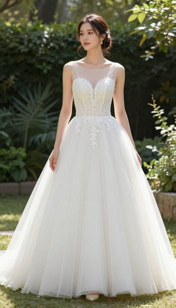 Bride in white poofy princess wedding dress with illusion neckline, standing in a sunlit garden with soft greenery, looking slightly to the side with a gentle smile.