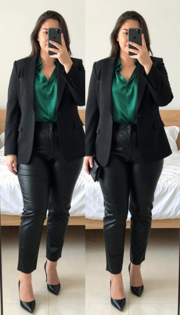 Emerald green silk shell, black blazer, and black leather pants with pointed heels and clutch.