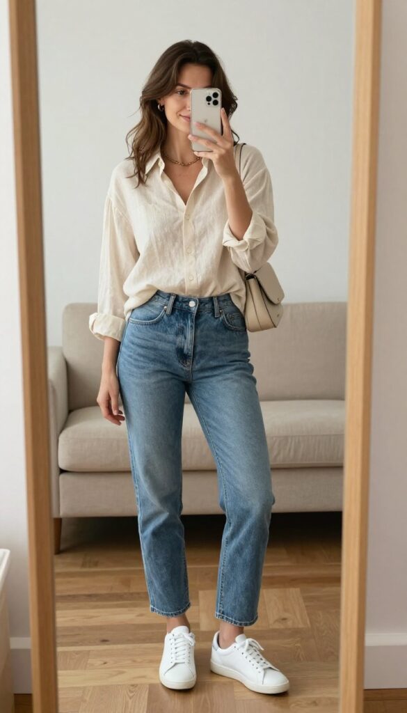 A woman in a cream linen button-up shirt and soft denim jeans takes a mirror selfie, showcasing a polished yet comfortable stay-at-home mom outfit with clean white sneakers and minimal accessories.