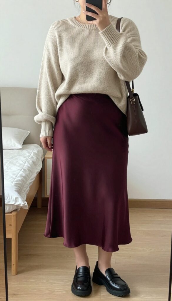 Oversized sweater with midi slip skirt outfit