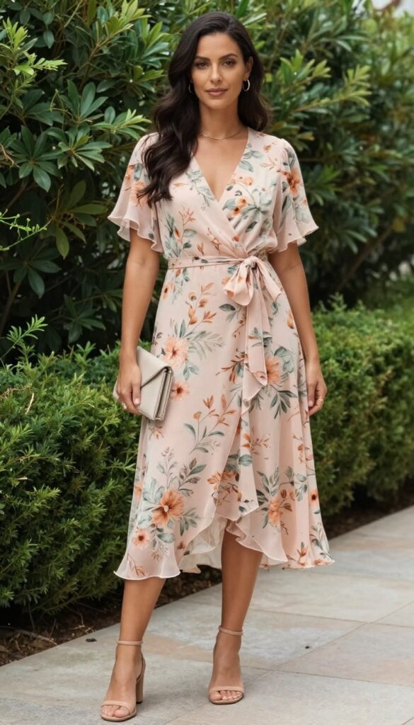 Woman in floral chiffon wrap dress with nude sandals and gold jewelry in garden