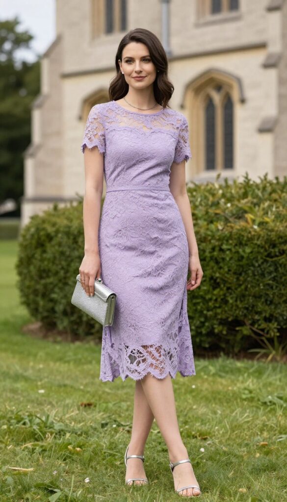 Woman in lavender lace sheath dress with silver sandals and clutch at a church wedding.