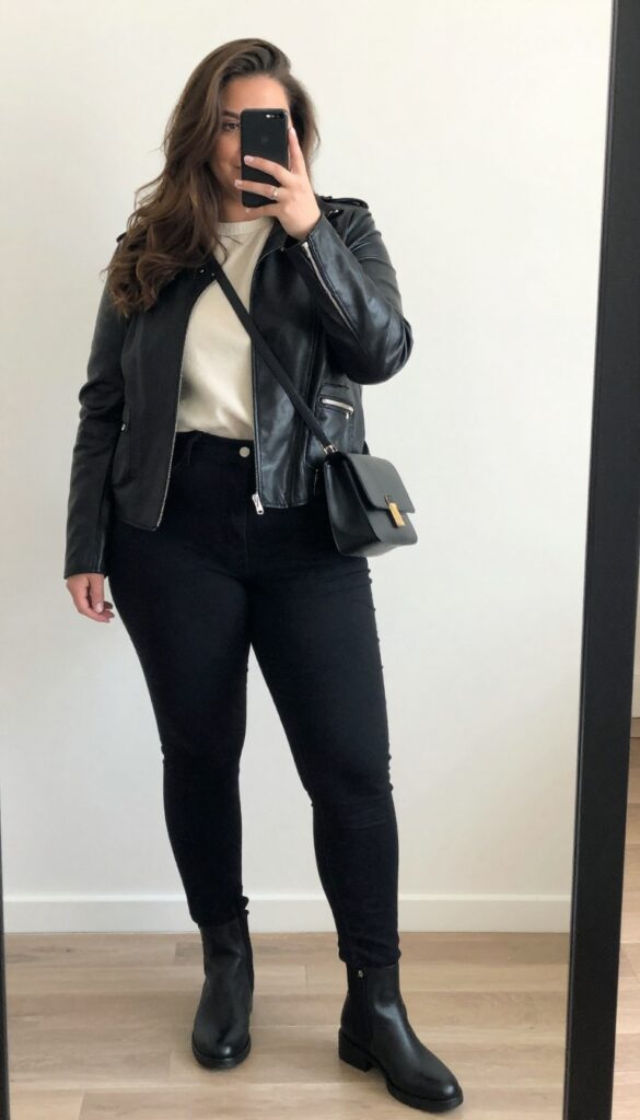 Woman in black leather jacket, cream knit top, black skinny jeans, and black ankle boots, holding a black crossbody bag.