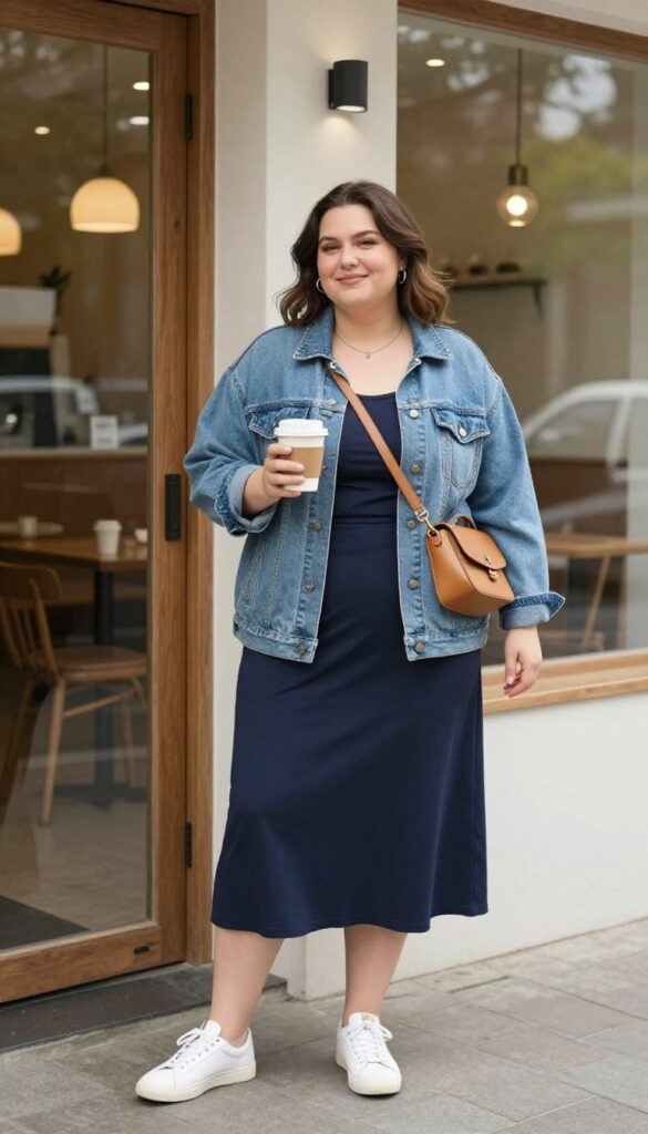 Plus-size woman in navy midi dress and light-wash denim jacket with white sneakers and tan crossbody bag outside coffee shop