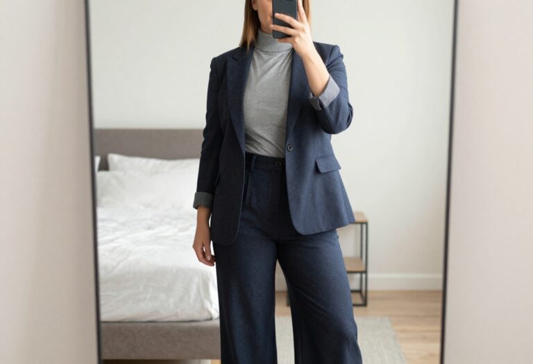 Woman taking a mirror selfie in a bedroom wearing a no-jeans business casual outfit with wide-leg trousers, turtleneck, and blazer.