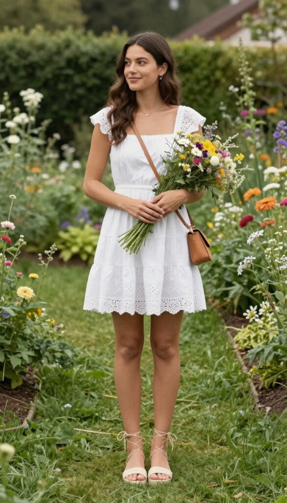 White tiered mini dress with eyelet trim, espadrille lace-up sandals, tan crossbody bag, wildflower bouquet, garden setting