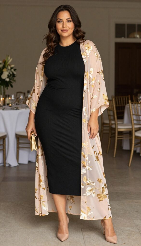 Plus-size woman in black bodycon dress and blush floral sheer kimono, nude pumps, gold clutch, indoor reception hall