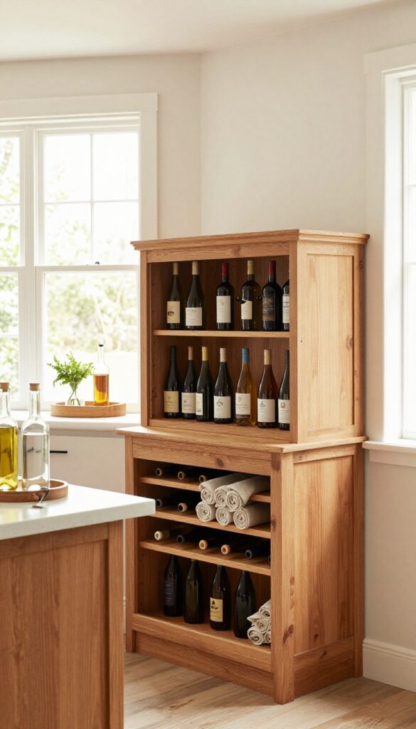 Warm wood sideboard with built-in wine rack in bright open-plan kitchen, clean top with tray and herbs