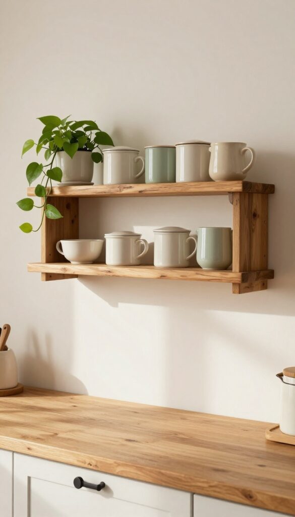 Rustic wooden floating shelf coffee station with ceramic canisters, plant, and mugs in warm natural light.