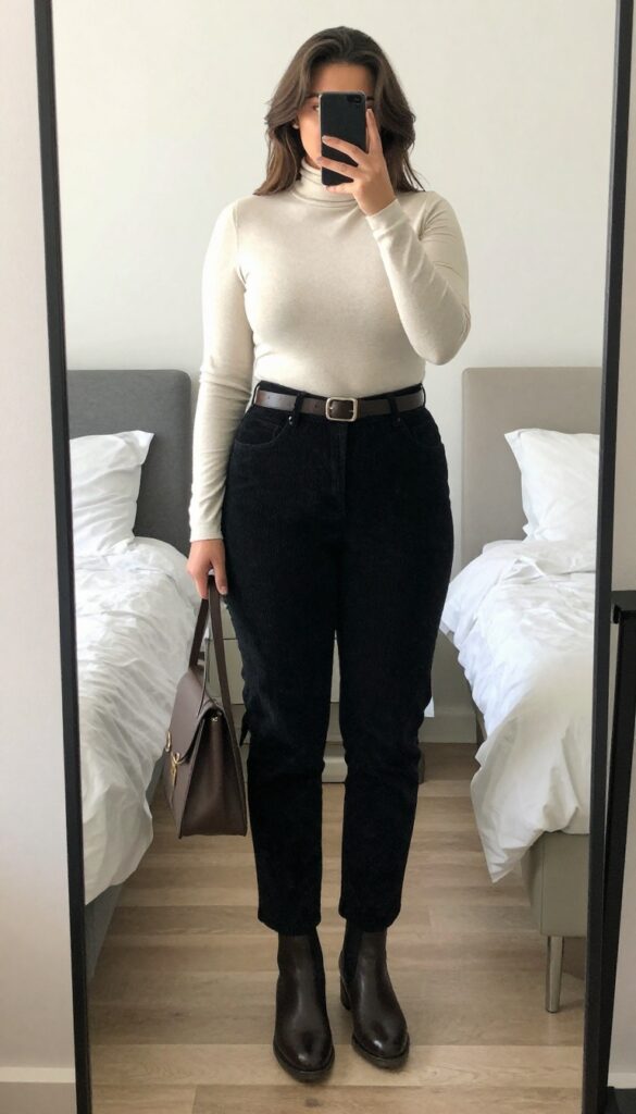 Outfit with turtleneck, corduroy pants, and Chelsea boots for business casual look