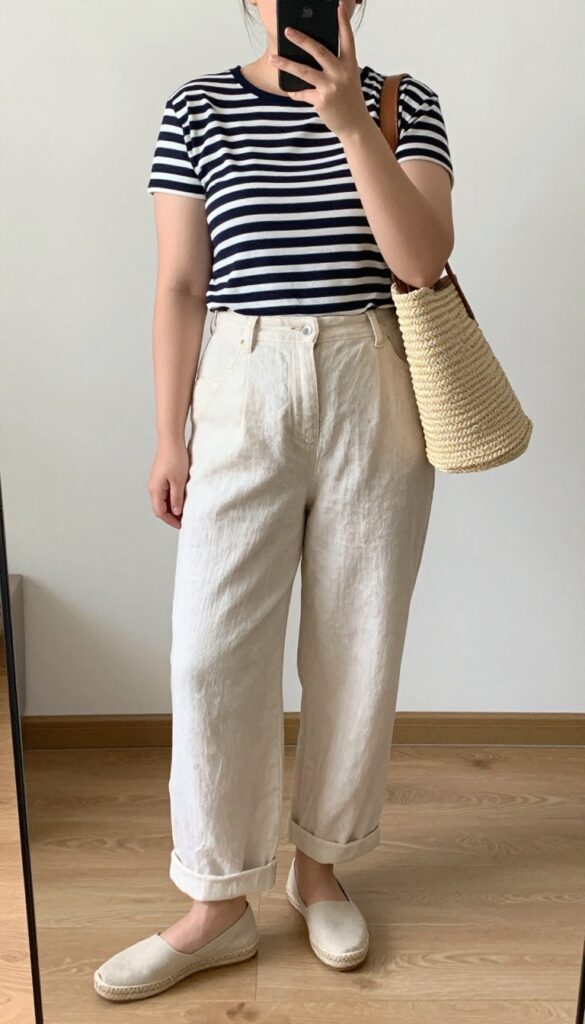 A woman wearing espadrille flats, linen pants, and a striped boatneck top, accessorized with a straw tote and sunglasses, standing in an outdoor office setting.
