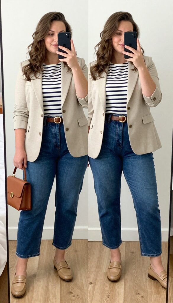Light wash jeans, navy blazer, and Breton top outfit for business casual coastal trip.