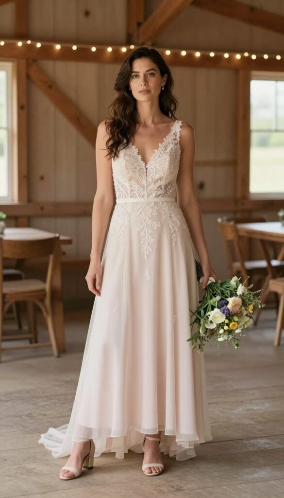 Young woman in blush A-line lace wedding gown standing in rustic barn with wooden beams and string lights, holding wildflower bouquet.