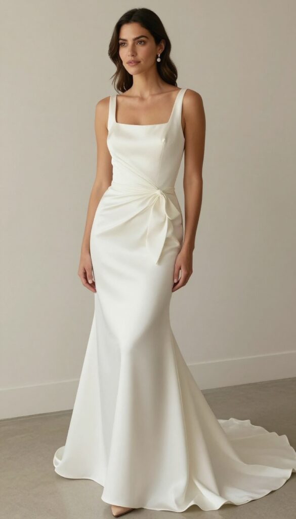 Woman in elegant mermaid wedding dress with bow at hip, side-swept hair, drop earrings, neutral heels, softly lit indoor setting.