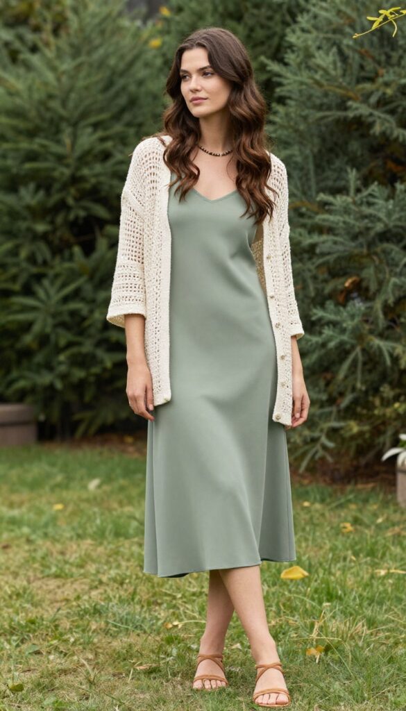 Woman in sage green slip dress and cream crochet cardigan standing in garden