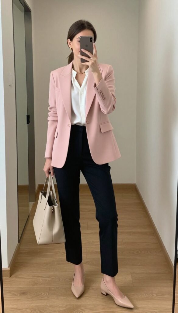 Mirror selfie of a woman in a blush pink blazer, white blouse, and black trousers, holding a phone to her face, with a structured tote bag and nude flats.