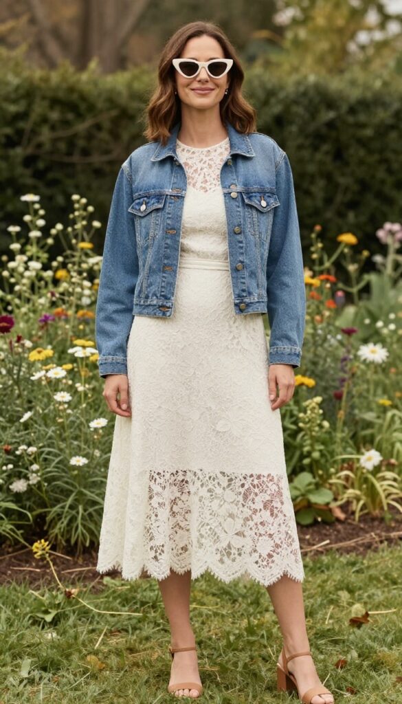 Woman in white lace tea-length dress with cropped denim jacket and cat-eye sunglasses in sunny garden