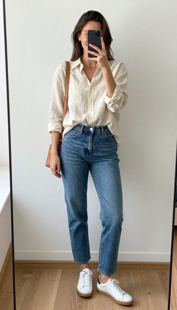 Woman in tucked linen shirt and straight-leg jeans taking a mirror selfie, showcasing a polished casual mom outfit with sneakers and crossbody bag.