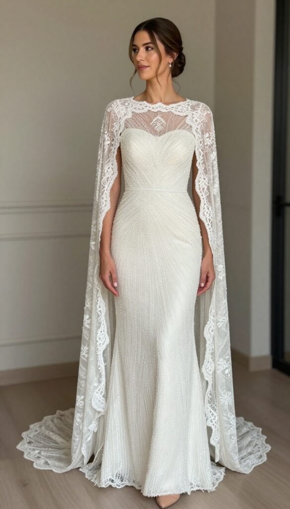 Woman in beaded one-shoulder wedding dress with lace-trim cape, standing in softly lit ballroom