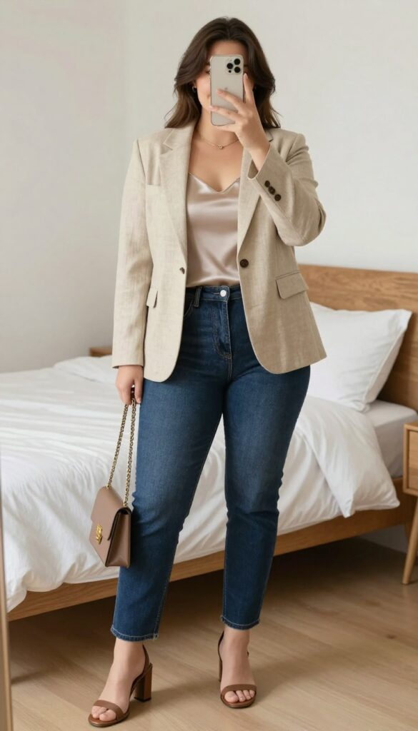Woman in denim shorts, blazer, and silk camisole, posing in a mirror selfie, phone partially covering face, in a bedroom setting.