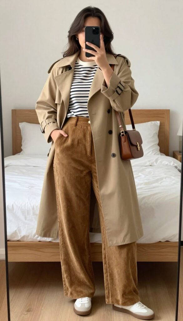 Young woman in corduroy pants, striped tee, and trench coat, looking professional yet casual.