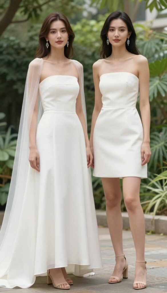 Bride in strapless A-line white satin dress with short tulle cape, chandelier earrings, and nude block heels, standing in a garden