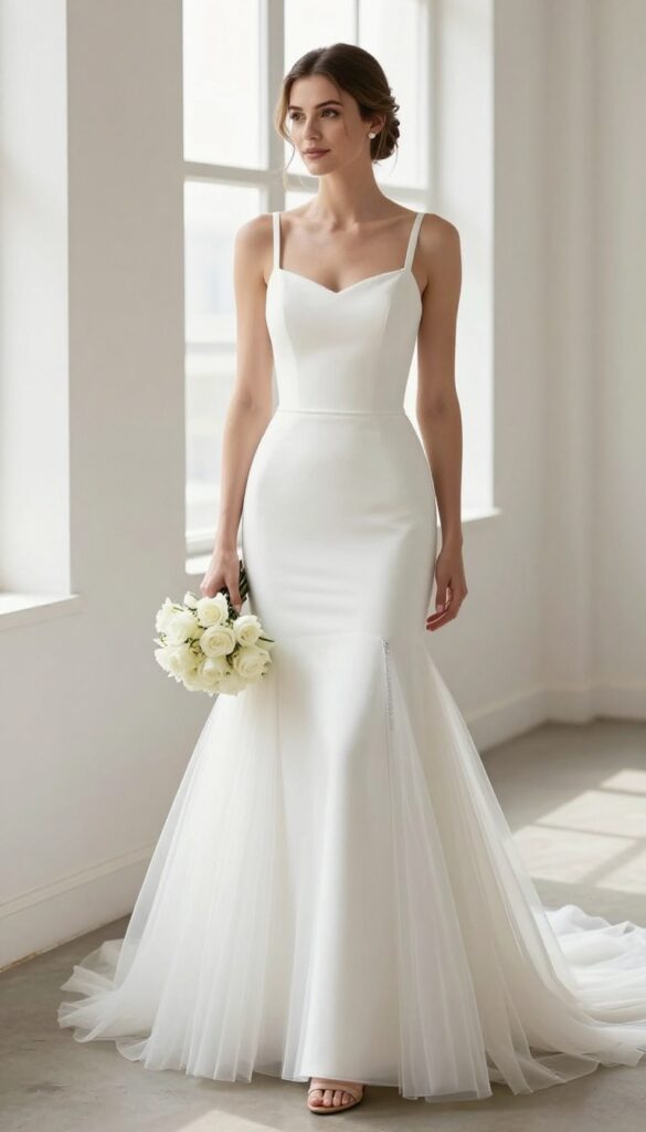 A realistic full-body photo of a bride in a white mermaid wedding dress with a detachable ball gown skirt. She is standing in a bright ballroom with tall windows, one hand holding a small bouquet. The skirt is full and layered, and the bodice is sleek crepe. Natural lighting, soft smile, elegant but approachable. No text or logos.