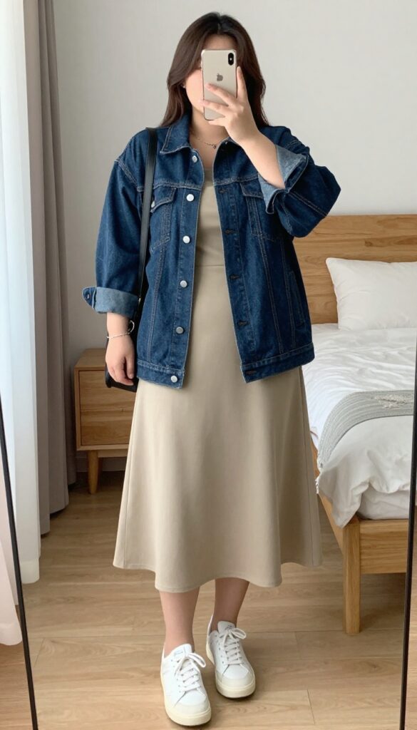 Woman in denim jacket, midi dress, and sneakers taking a mirror selfie in bedroom, phone partially covering face.
