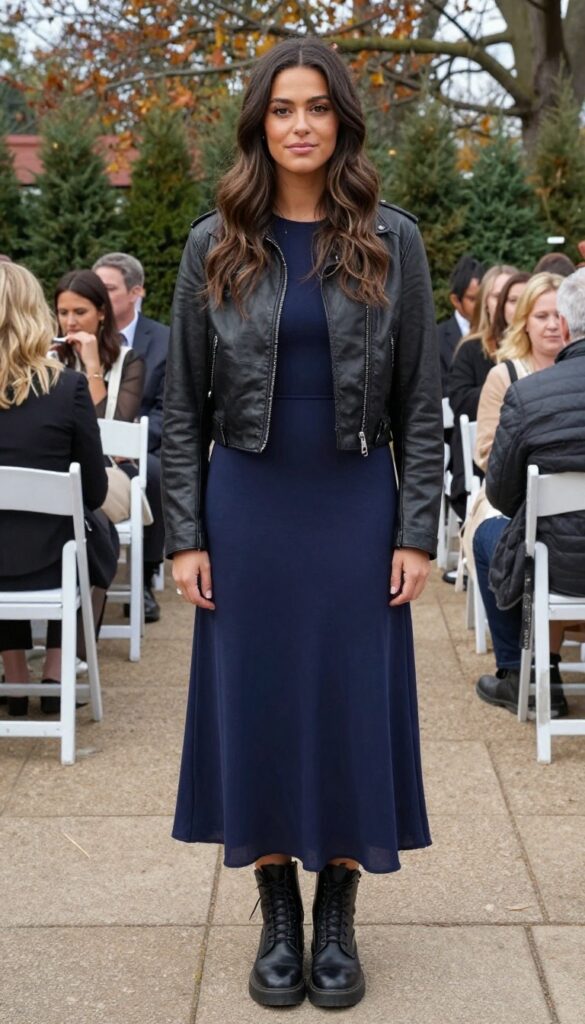 Woman in navy maxi dress with black leather jacket and combat boots at outdoor wedding