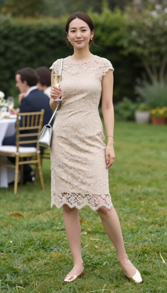 Woman in champagne lace shift dress with metallic flats at outdoor wedding