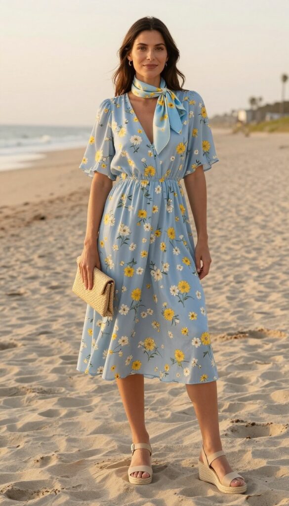 Woman in light blue floral midi dress with silk scarf and espadrille wedges on beach at sunset