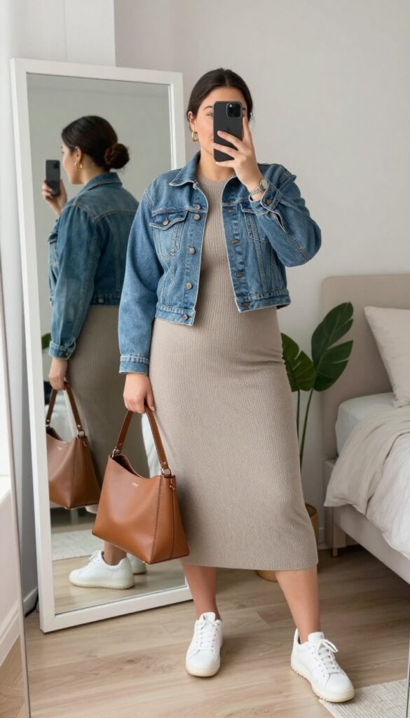 Plus-size woman in taupe knit midi dress and white sneakers, holding a structured tote, with a denim jacket layered over, taking a mirror selfie in a bright bedroom.