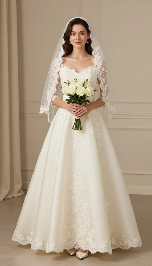 Classic ivory ballgown with delicate lace appliqués worn by a bride in a neutral ballroom