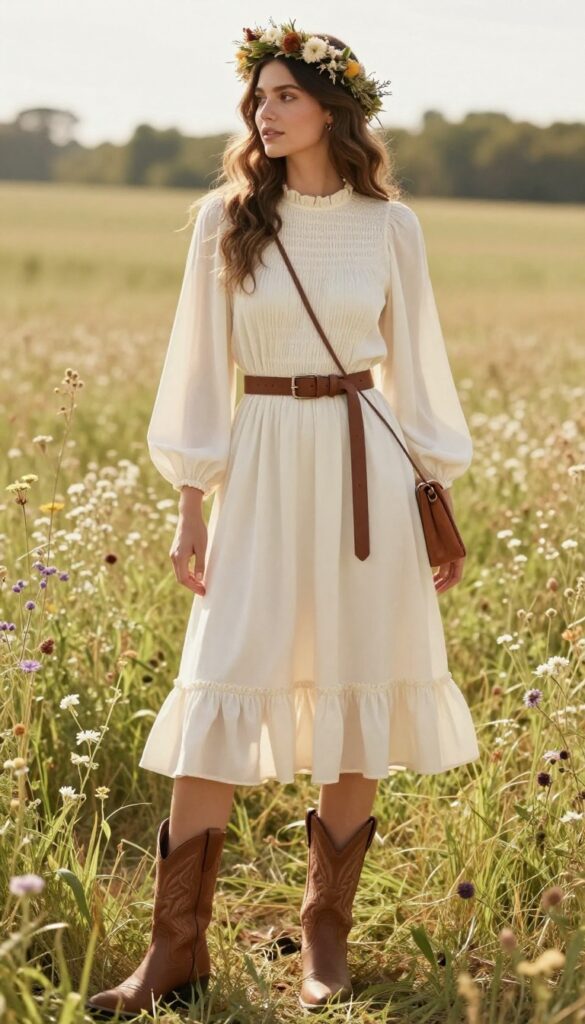 Bride in vintage 70s-inspired prairie dress with cowboy boots and flower crown in sunlit field