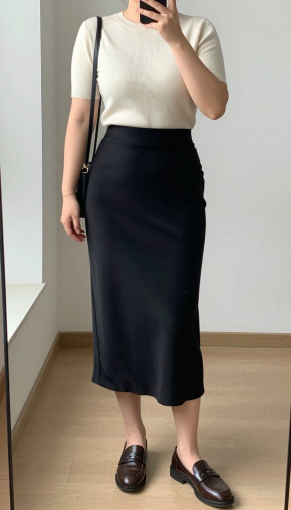 Woman in knit top, midi skirt, and loafers, standing in a mirror selfie pose, partially covering face with phone, in a bedroom setting.