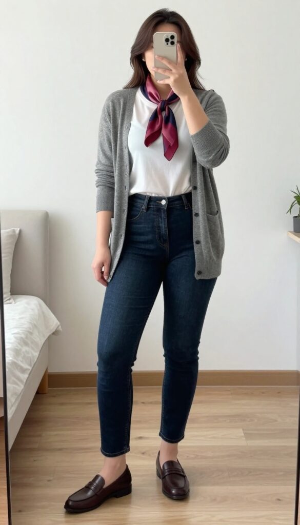 Petite woman in dark slim jeans, longline gray cardigan, white top, and silk scarf tied at neck, standing in mirror selfie with phone partially covering face.
