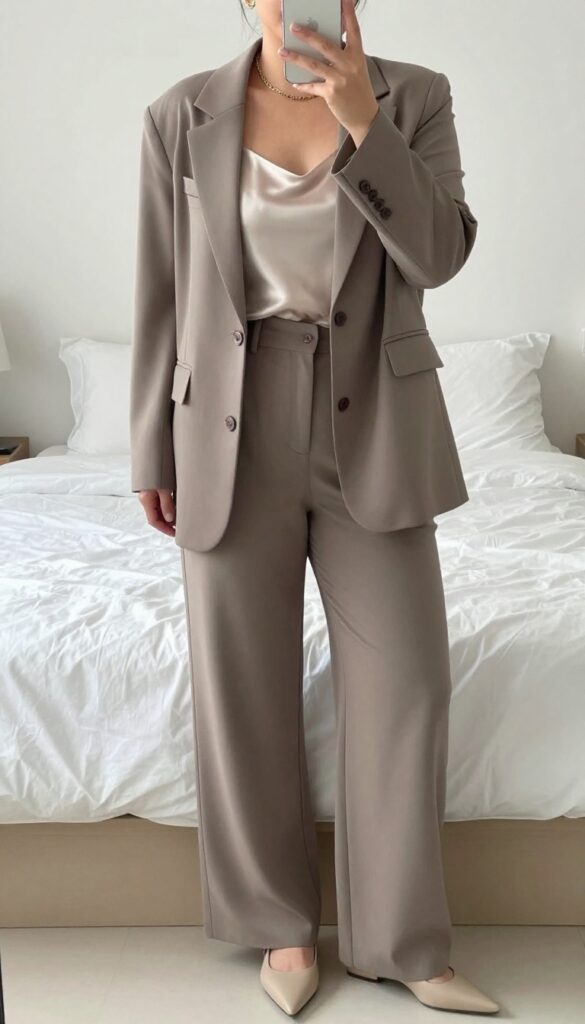 Plus size woman in soft blazer, wide-leg trousers, and silk camisole, looking polished for business casual.