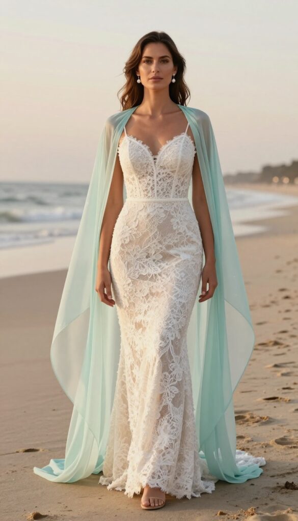 Bride in white lace fit-and-flare dress with sheer seafoam cape on beach at sunset