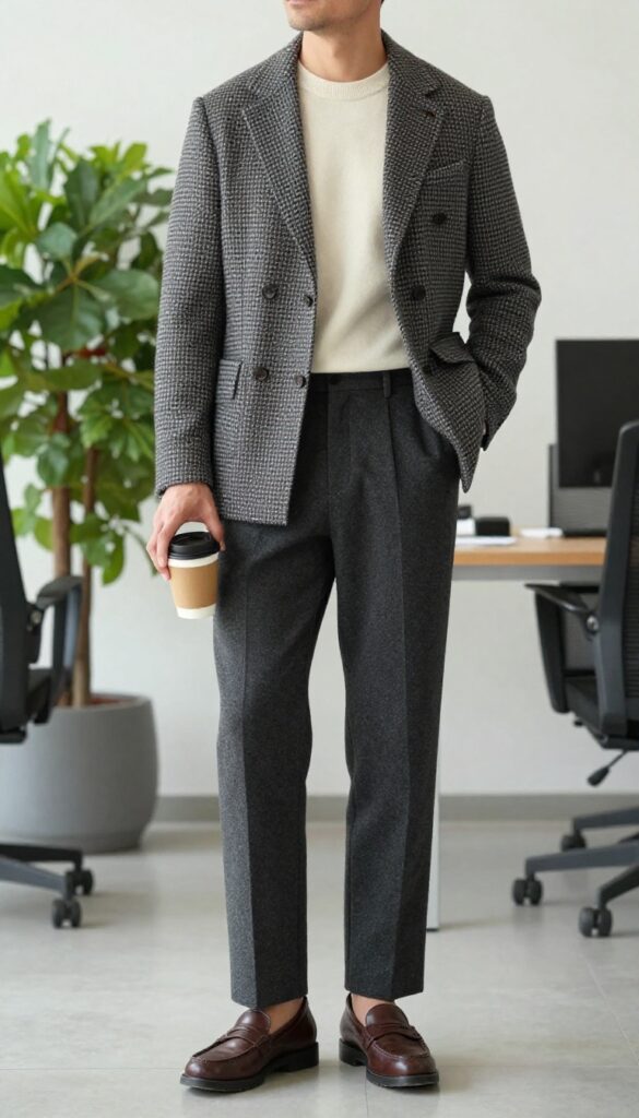 Men's business casual outfit: double-breasted blazer with wide-leg trousers in modern office lobby