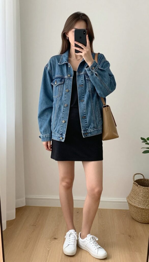 A woman in a black dress and denim jacket takes a mirror selfie, showcasing a casual first date outfit with sneakers and a crossbody bag.