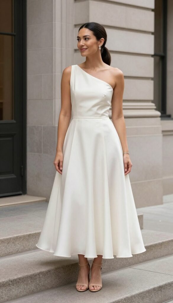 One-shoulder silk wedding dress with flounced skirt, nude heels, low ponytail, city hall setting