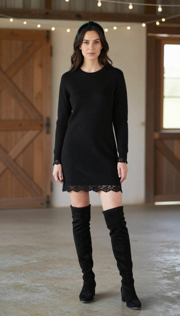 A young adult woman with pale skin and dark hair wearing a black sweater dress with lace trim at the hem and cuffs, paired with black thigh-high boots and a dark green velvet headband. She stands in a rustic barn wedding venue with string lights, smiling naturally.